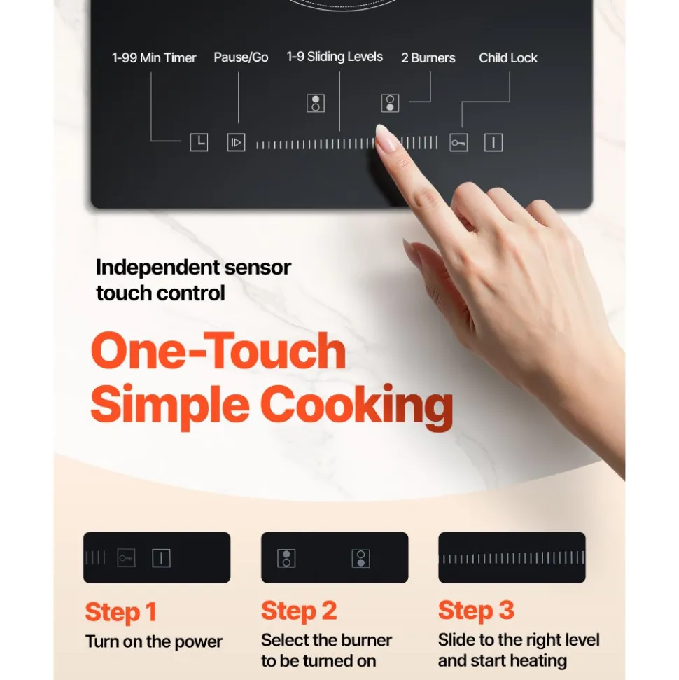 VEVOR Built in Electric Stove Top, 20 x 11.6 inch 2 Burners, 240V Glass Radiant Cooktop with Sensor Touch Control, Timer & Child Lock Included, 9 Power Levels for Simmer Steam Slow Cook Fry