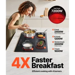 VEVOR Built in Electric Stove Top, 30.3 x 20.5 inch 4 Burners, 240V Glass Radiant Cooktop with Sensor Touch Control, Timer & Child Lock Included, 9 Power Levels for Simmer Steam Slow Cook Fry