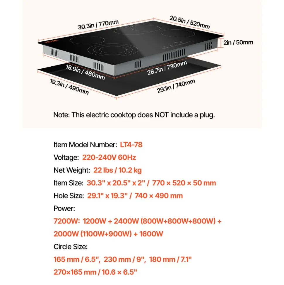 VEVOR Built in Electric Stove Top, 30.3 x 20.5 inch 4 Burners, 240V Glass Radiant Cooktop with Sensor Touch Control, Timer & Child Lock Included, 9 Power Levels for Simmer Steam Slow Cook Fry
