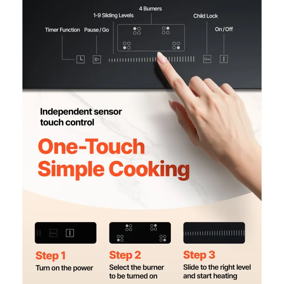 VEVOR Built in Electric Stove Top, 23.2 x 20.5 inch 4 Burners, 240V Glass Radiant Cooktop with Sensor Touch Control, Timer & Child Lock Included, 9 Power Levels for Simmer Steam Slow Cook Fry