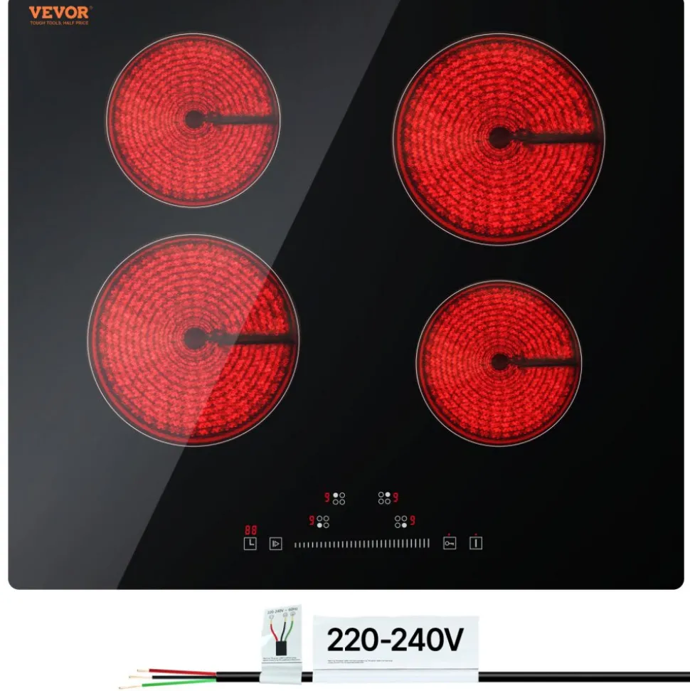 VEVOR Built in Electric Stove Top, 23.2 x 20.5 inch 4 Burners, 240V Glass Radiant Cooktop with Sensor Touch Control, Timer & Child Lock Included, 9 Power Levels for Simmer Steam Slow Cook Fry