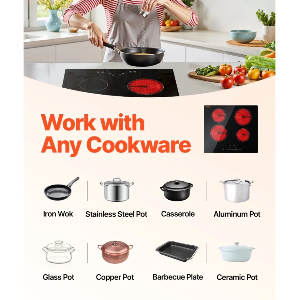 VEVOR Built in Electric Stove Top, 23.2 x 20.5 inch 4 Burners, 240V Glass Radiant Cooktop with Sensor Touch Control, Timer & Child Lock Included, 9 Power Levels for Simmer Steam Slow Cook Fry