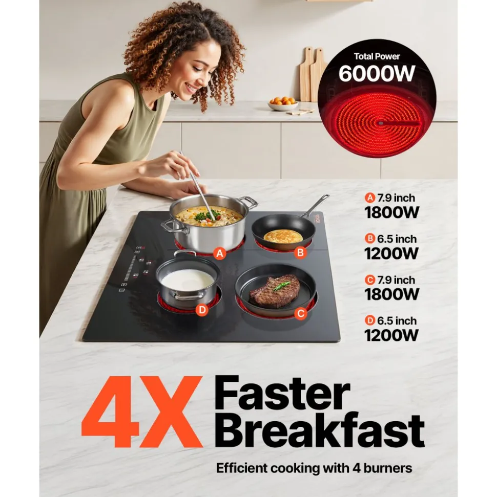 VEVOR Built in Electric Stove Top, 23.2 x 20.5 inch 4 Burners, 240V Glass Radiant Cooktop with Sensor Touch Control, Timer & Child Lock Included, 9 Power Levels for Simmer Steam Slow Cook Fry
