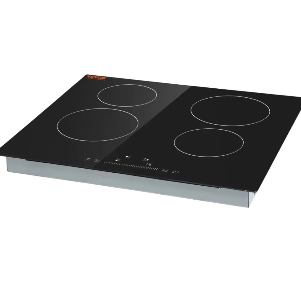VEVOR Built in Electric Stove Top, 23.2 x 20.5 inch 4 Burners, 240V Glass Radiant Cooktop with Sensor Touch Control, Timer & Child Lock Included, 9 Power Levels for Simmer Steam Slow Cook Fry