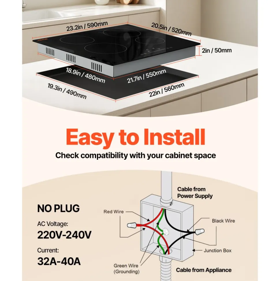 VEVOR Built in Electric Stove Top, 23.2 x 20.5 inch 4 Burners, 240V Glass Radiant Cooktop with Sensor Touch Control, Timer & Child Lock Included, 9 Power Levels for Simmer Steam Slow Cook Fry