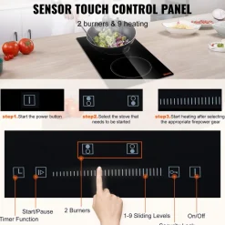 VEVOR Built in Electric Stove Top, 20 x 11.6 inch 2 Burners, 240V Glass Radiant Cooktop with Sensor Touch Control, Timer & Child Lock Included, 9 Power Levels for Simmer Steam Slow Cook Fry