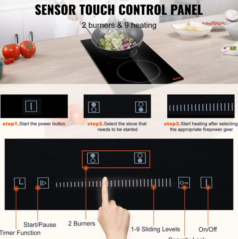 VEVOR Built in Electric Stove Top, 20 x 11.6 inch 2 Burners, 240V Glass Radiant Cooktop with Sensor Touch Control, Timer & Child Lock Included, 9 Power Levels for Simmer Steam Slow Cook Fry