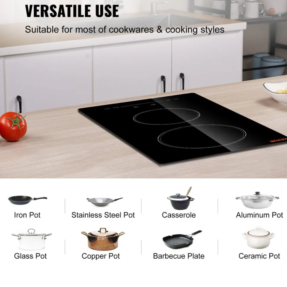 VEVOR Built in Electric Stove Top, 20 x 11.6 inch 2 Burners, 240V Glass Radiant Cooktop with Sensor Touch Control, Timer & Child Lock Included, 9 Power Levels for Simmer Steam Slow Cook Fry