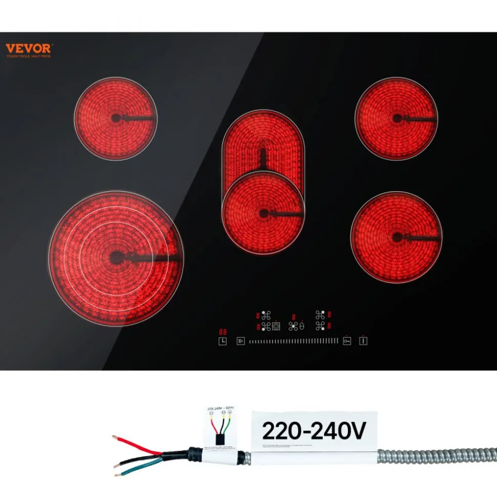 VEVOR Built in Electric Stove Top, 30.3 x 20.5 inch 5 Burners, 240V Glass Radiant Cooktop with Sensor Touch Control, Timer & Child Lock Included, 9 Power Levels for Simmer Steam Slow Cook Fry