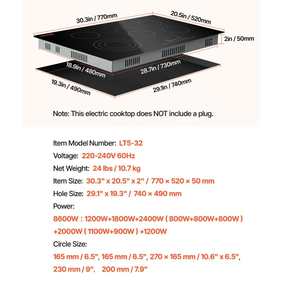 VEVOR Built in Electric Stove Top, 30.3 x 20.5 inch 5 Burners, 240V Glass Radiant Cooktop with Sensor Touch Control, Timer & Child Lock Included, 9 Power Levels for Simmer Steam Slow Cook Fry