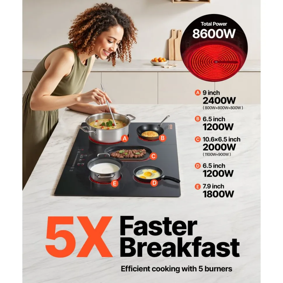 VEVOR Built in Electric Stove Top, 30.3 x 20.5 inch 5 Burners, 240V Glass Radiant Cooktop with Sensor Touch Control, Timer & Child Lock Included, 9 Power Levels for Simmer Steam Slow Cook Fry