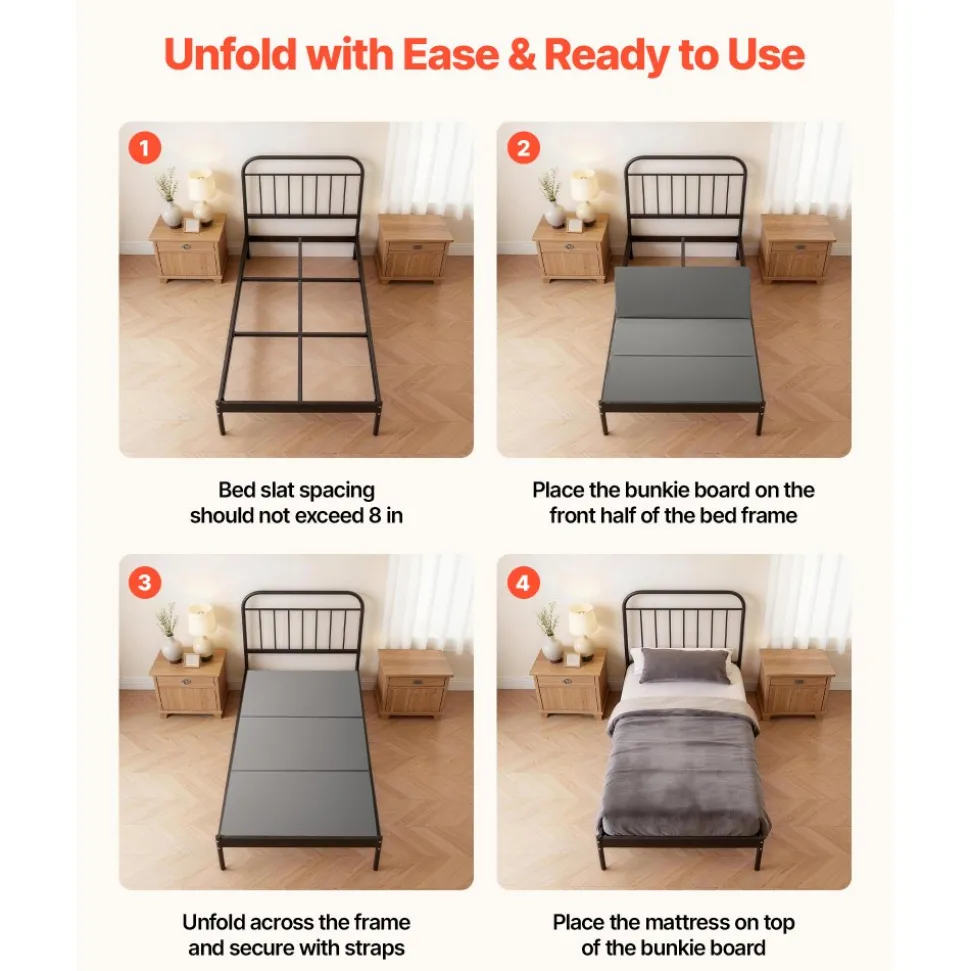 VEVOR Bunkie Board, Twin Size 75 x 37.8 in, Foldable Bed Board Under Mattress with Hook-and-Loop Straps, PP Core with 600D Oxford Fabric, Anti-Sag for Metal Frames, Bunk Beds, and Sleeper Sofas
