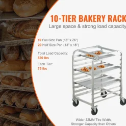 VEVOR Bun Pan Rack, 10-Tier Commercial Bakery Racks with Brake Wheels, Aluminum Racking Trolley Storage for Half & Full Sheet, Speed Rack For Kitchen Home, Bread Baking Equipment, 26"L x 20.3"W x 39"H