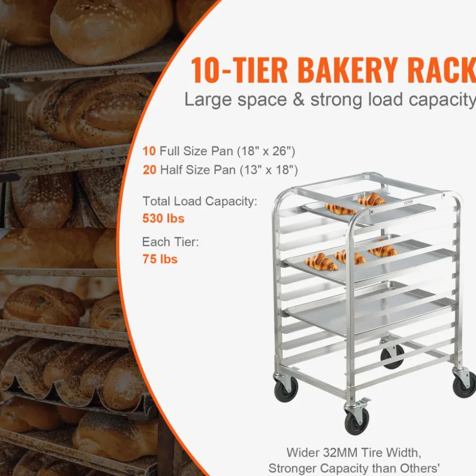 VEVOR Bun Pan Rack, 10-Tier Commercial Bakery Racks with Brake Wheels, Aluminum Racking Trolley Storage for Half & Full Sheet, Speed Rack For Kitchen Home, Bread Baking Equipment, 26"L x 20.3"W x 39"H
