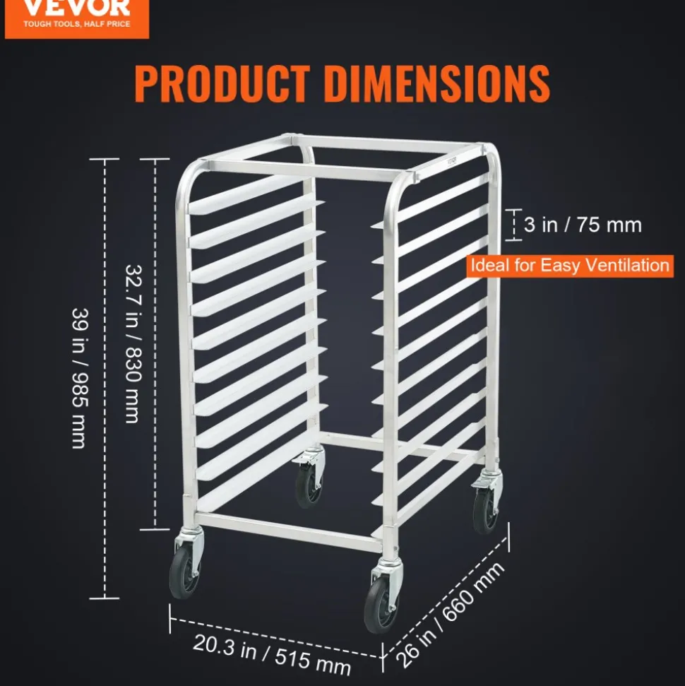 VEVOR Bun Pan Rack, 10-Tier Commercial Bakery Racks with Brake Wheels, Aluminum Racking Trolley Storage for Half & Full Sheet, Speed Rack For Kitchen Home, Bread Baking Equipment, 26"L x 20.3"W x 39"H
