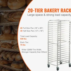 VEVOR Bun Pan Rack, 20-Tier Commercial Bakery Racks with Brake Wheels, Aluminum Racking Trolley Storage for Half & Full Sheet, Speed Rack For Kitchen Home, Bread Baking Equipment, 26