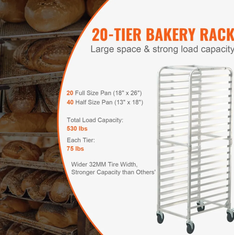 VEVOR Bun Pan Rack, 20-Tier Commercial Bakery Racks with Brake Wheels, Aluminum Racking Trolley Storage for Half & Full Sheet, Speed Rack For Kitchen Home, Bread Baking Equipment, 26"L x 20.4"W x 70"H