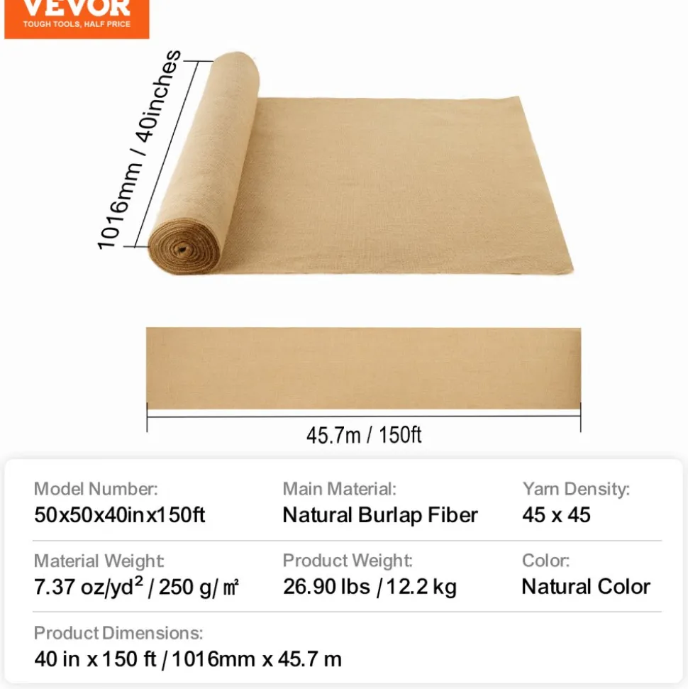 VEVOR Burlap Fabric Roll, 40” x 150 ft & 45 x 45 High Density Wide Natural Burlap Fabric Rolls, Jute Fabric Burlap Tree Wrap Roll, for Decor, Crafts, Wedding, Gardening, Plant & Tree Winter Covering