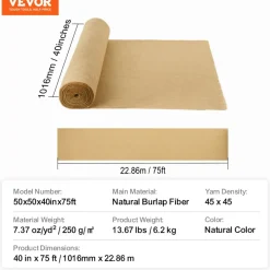 VEVOR Burlap Fabric Roll, 14” x 150 ft & 50 x 50 High Density Wide Natural Burlap Fabric Rolls, Jute Fabric Burlap Tree Wrap Roll, for Decor, Crafts, Wedding, Gardening, Plant & Tree Winter Covering