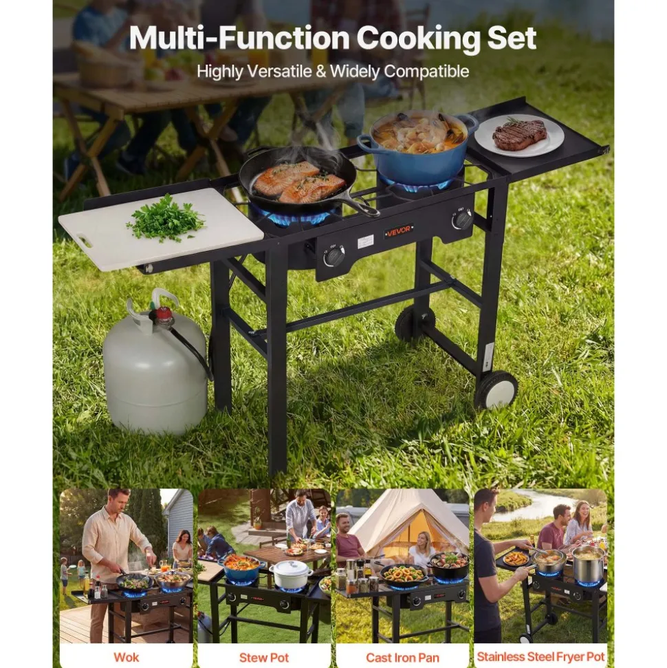 VEVOR 2 Burner Outdoor Propane Gas Stove, 150,000 BTU Propane LPG Gas Camping Stove, Foldable Heavy-duty Carbon Steel Outdoor Cooker, with Wheels & Shield & 20 PSI Regulator, for BBQ Camp Home Patio
