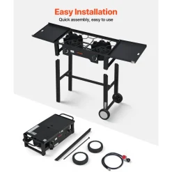 VEVOR 2 Burner Outdoor Propane Gas Stove, 150,000 BTU Propane LPG Gas Camping Stove, Foldable Heavy-duty Carbon Steel Outdoor Cooker, with Wheels & Shield & 20 PSI Regulator, for BBQ Camp Home Patio