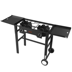 VEVOR 2 Burner Outdoor Propane Gas Stove, 150,000 BTU Propane LPG Gas Camping Stove, Foldable Heavy-duty Carbon Steel Outdoor Cooker, with Wheels & Shield & 20 PSI Regulator, for BBQ Camp Home Patio