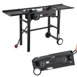 VEVOR 2 Burner Outdoor Propane Gas Stove, 150,000 BTU Propane LPG Gas Camping Stove, Foldable Heavy-duty Carbon Steel Outdoor Cooker, with Wheels & Shield & 20 PSI Regulator, for BBQ Camp Home Patio