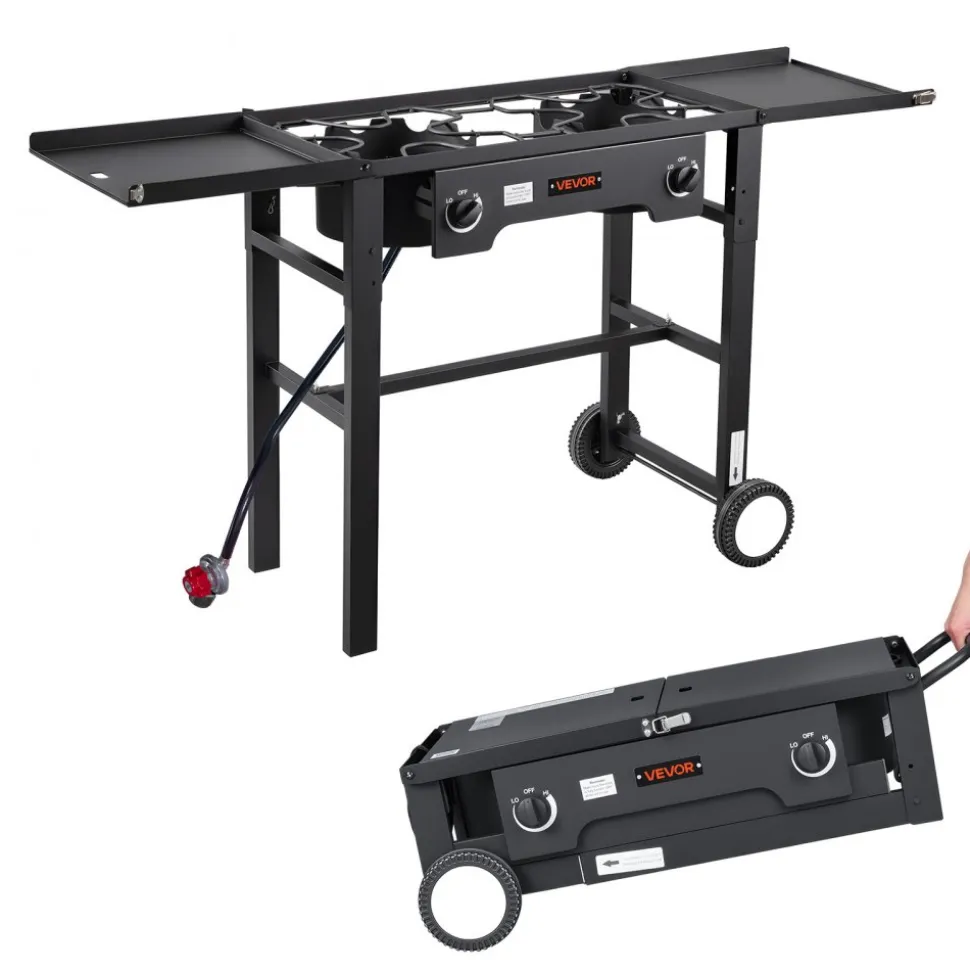 VEVOR 2 Burner Outdoor Propane Gas Stove, 150,000 BTU Propane LPG Gas Camping Stove, Foldable Heavy-duty Carbon Steel Outdoor Cooker, with Wheels & Shield & 20 PSI Regulator, for BBQ Camp Home Patio
