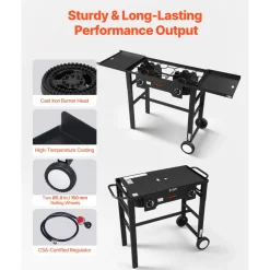 VEVOR 2 Burner Outdoor Propane Gas Stove, 150,000 BTU Propane LPG Gas Camping Stove, Foldable Heavy-duty Carbon Steel Outdoor Cooker, with Wheels & Shield & 20 PSI Regulator, for BBQ Camp Home Patio