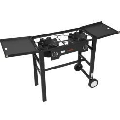 VEVOR 2 Burner Outdoor Propane Gas Stove, 150,000 BTU Propane LPG Gas Camping Stove, Foldable Heavy-duty Carbon Steel Outdoor Cooker, with Wheels & Shield & 20 PSI Regulator, for BBQ Camp Home Patio
