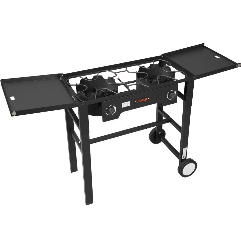 VEVOR 2 Burner Outdoor Propane Gas Stove, 150,000 BTU Propane LPG Gas Camping Stove, Foldable Heavy-duty Carbon Steel Outdoor Cooker, with Wheels & Shield & 20 PSI Regulator, for BBQ Camp Home Patio