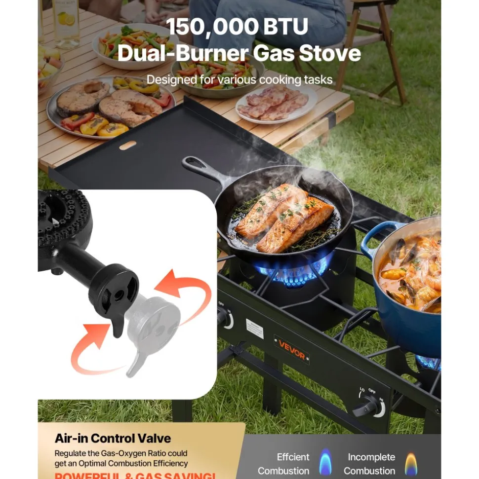 VEVOR 2 Burner Outdoor Propane Gas Stove, 150,000 BTU Propane LPG Gas Camping Stove, Foldable Heavy-duty Carbon Steel Outdoor Cooker, with Wheels & Shield & 20 PSI Regulator, for BBQ Camp Home Patio