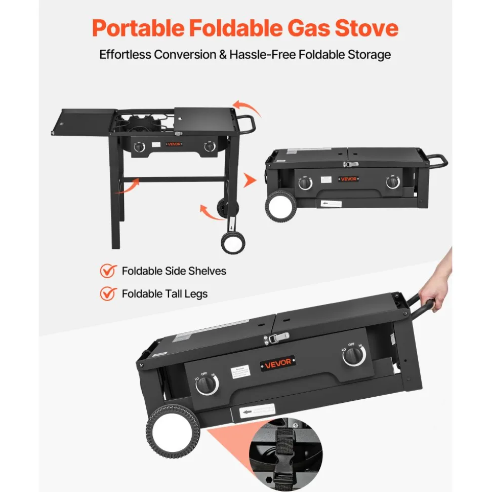 VEVOR 2 Burner Outdoor Propane Gas Stove, 150,000 BTU Propane LPG Gas Camping Stove, Foldable Heavy-duty Carbon Steel Outdoor Cooker, with Wheels & Shield & 20 PSI Regulator, for BBQ Camp Home Patio