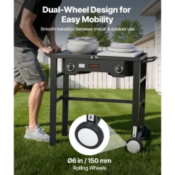 VEVOR 2 Burner Outdoor Propane Gas Stove, 150,000 BTU Propane LPG Gas Camping Stove, Foldable Heavy-duty Carbon Steel Outdoor Cooker, with Wheels & Shield & 20 PSI Regulator, for BBQ Camp Home Patio