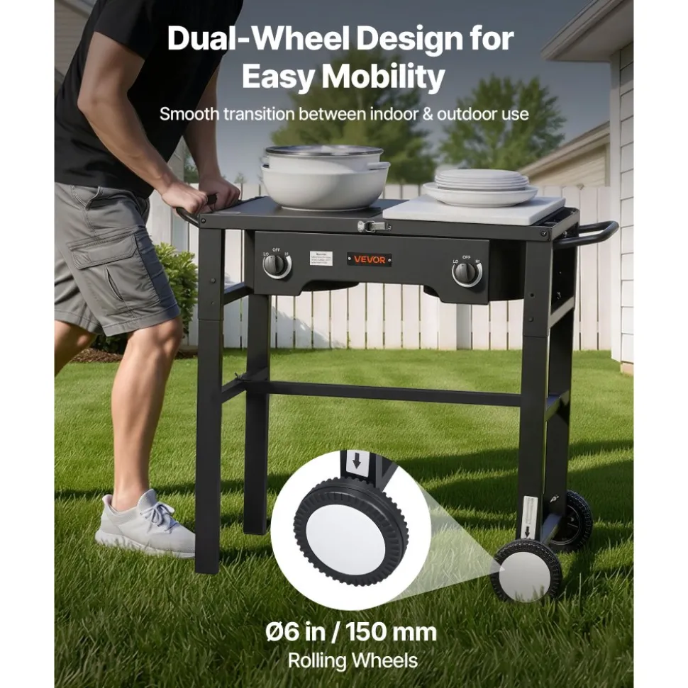 VEVOR 2 Burner Outdoor Propane Gas Stove, 150,000 BTU Propane LPG Gas Camping Stove, Foldable Heavy-duty Carbon Steel Outdoor Cooker, with Wheels & Shield & 20 PSI Regulator, for BBQ Camp Home Patio