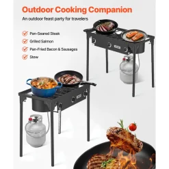 VEVOR 3 Burner Outdoor Propane Gas Stove, 225,000 BTU Propane LPG Gas Camping Stove, Heavy-duty Carbon Steel Outdoor Cooker, with Shield & Tall Stand & Regulator, for BBQ Camp Home Patio Backyard
