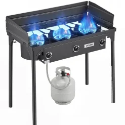 VEVOR 3 Burner Outdoor Propane Gas Stove, 225,000 BTU Propane LPG Gas Camping Stove, Heavy-duty Carbon Steel Outdoor Cooker, with Shield & Tall Stand & Regulator, for BBQ Camp Home Patio Backyard