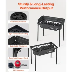 VEVOR 3 Burner Outdoor Propane Gas Stove, 225,000 BTU Propane LPG Gas Camping Stove, Heavy-duty Carbon Steel Outdoor Cooker, with Shield & Tall Stand & Regulator, for BBQ Camp Home Patio Backyard