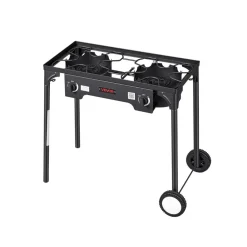 VEVOR 2 Burner Outdoor Propane Gas Stove, 150,000 BTU Propane LPG Gas Camping Stove, Heavy-duty Carbon Steel Outdoor Cooker, with 2 Wheels & 20 PSI Regulator & Hose, for BBQ Camp Home Patio Backyard