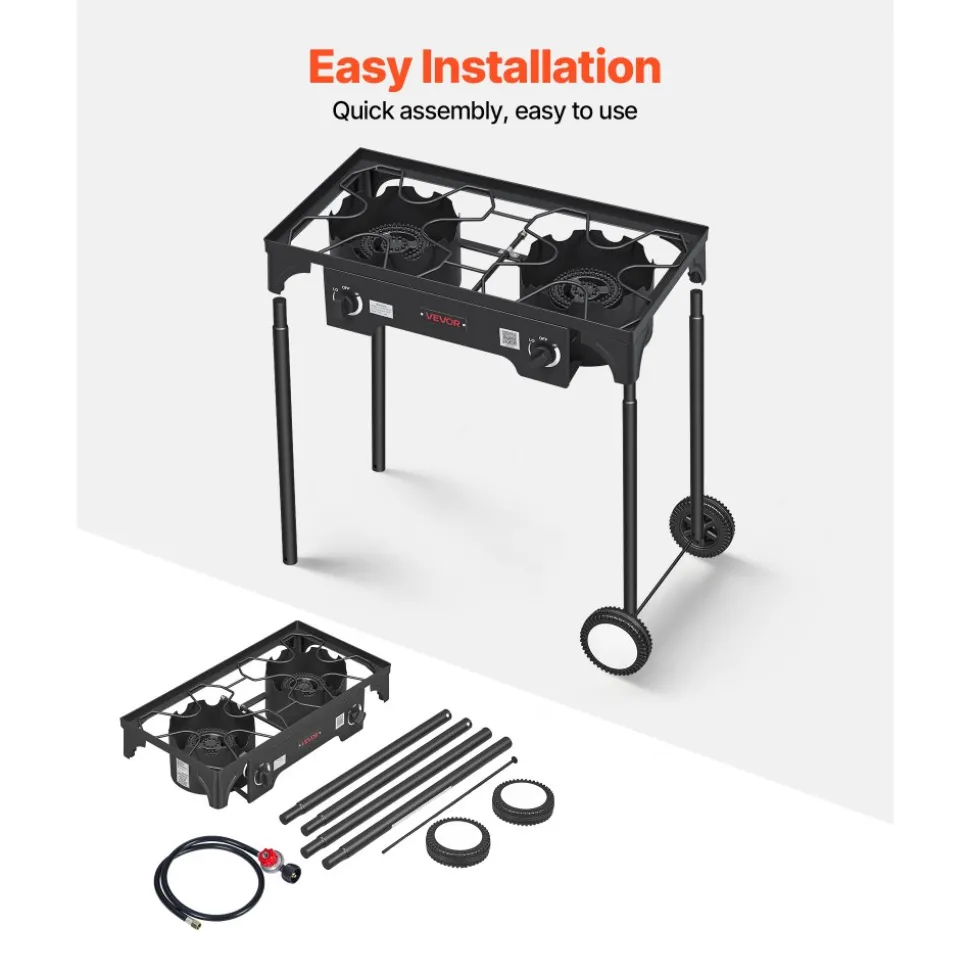 VEVOR 2 Burner Outdoor Propane Gas Stove, 150,000 BTU Propane LPG Gas Camping Stove, Heavy-duty Carbon Steel Outdoor Cooker, with 2 Wheels & 20 PSI Regulator & Hose, for BBQ Camp Home Patio Backyard