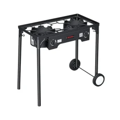 VEVOR 2 Burner Outdoor Propane Gas Stove, 150,000 BTU Propane LPG Gas Camping Stove, Heavy-duty Carbon Steel Outdoor Cooker, with 2 Wheels & 20 PSI Regulator & Hose, for BBQ Camp Home Patio Backyard
