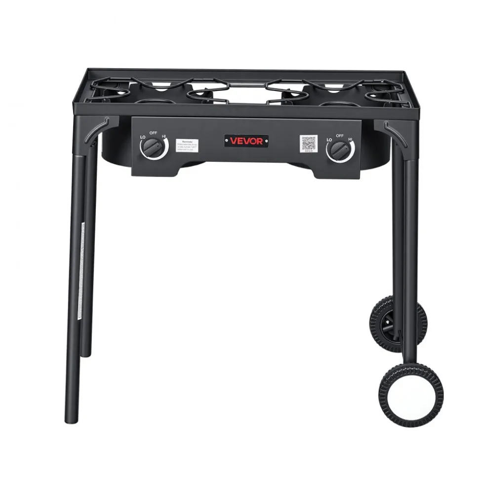 VEVOR 2 Burner Outdoor Propane Gas Stove, 150,000 BTU Propane LPG Gas Camping Stove, Heavy-duty Carbon Steel Outdoor Cooker, with 2 Wheels & 20 PSI Regulator & Hose, for BBQ Camp Home Patio Backyard