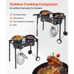 VEVOR 2 Burner Outdoor Propane Gas Stove, 150,000 BTU Propane LPG Gas Camping Stove, Heavy-duty Carbon Steel Outdoor Cooker, with 2 Wheels & 20 PSI Regulator & Hose, for BBQ Camp Home Patio Backyard