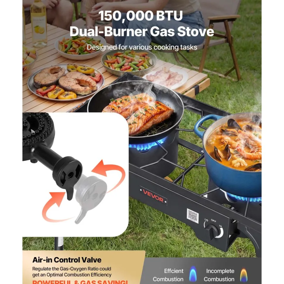 VEVOR 2 Burner Outdoor Propane Gas Stove, 150,000 BTU Propane LPG Gas Camping Stove, Heavy-duty Carbon Steel Outdoor Cooker, with 2 Wheels & 20 PSI Regulator & Hose, for BBQ Camp Home Patio Backyard