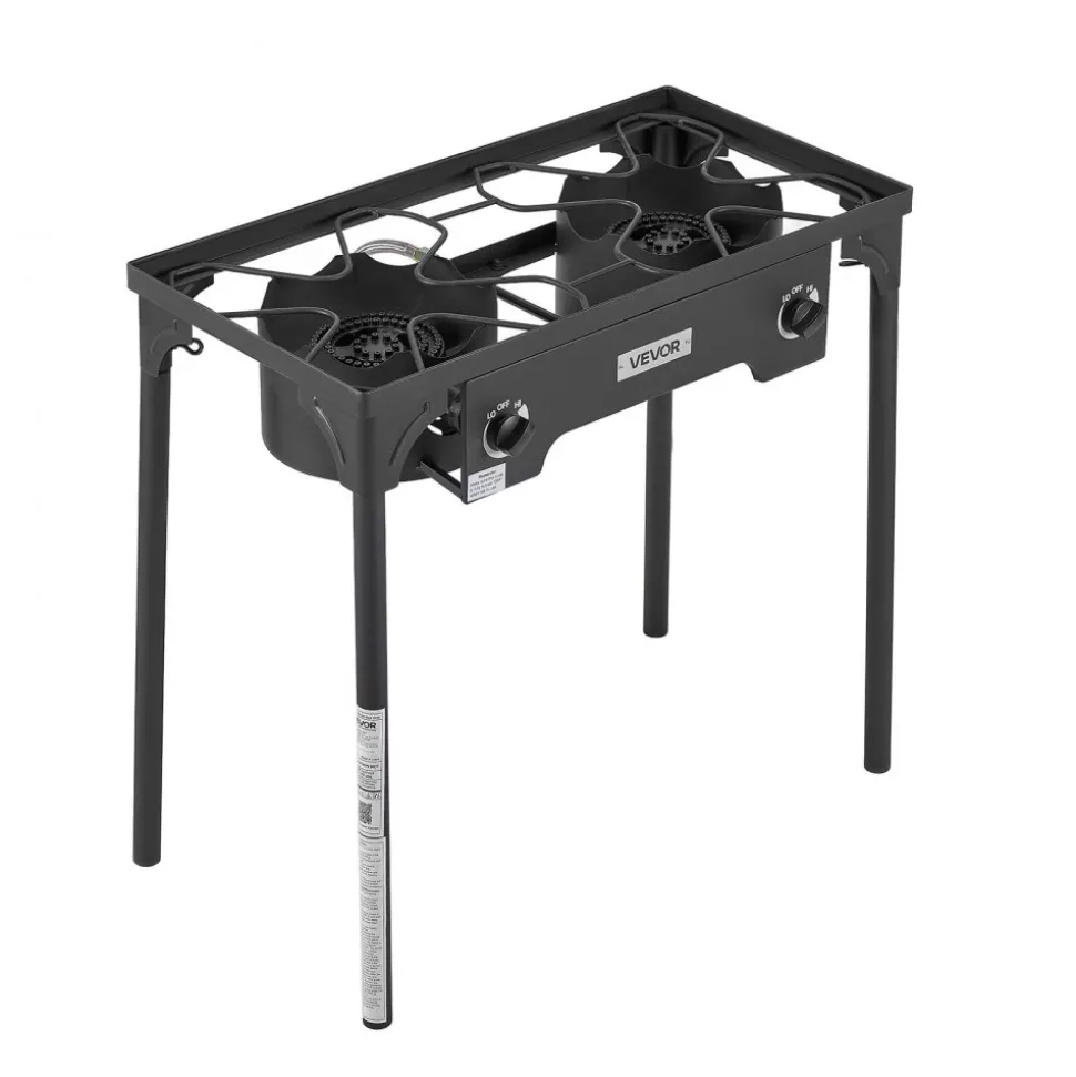 VEVOR 2 Burner Outdoor Propane Gas Stove, 150,000 BTU Propane LPG Gas Camping Stove, Heavy Duty Carbon Steel Outdoor Cooker, with Shield & Tall Stand & PSI Regulator, for BBQ Camp Home Patio Backyard