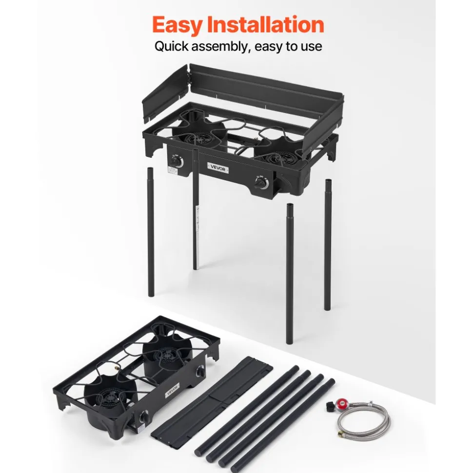 VEVOR 2 Burner Outdoor Propane Gas Stove, 150,000 BTU Propane LPG Gas Camping Stove, Heavy Duty Carbon Steel Outdoor Cooker, with Shield & Tall Stand & PSI Regulator, for BBQ Camp Home Patio Backyard