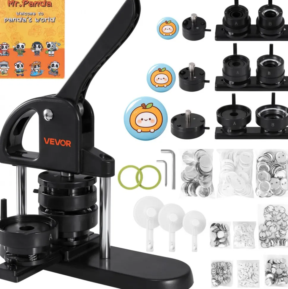 VEVOR Button Maker, 1/1.25/2.28 inch(25/32/58mm) 3-IN-1 Pin Maker, with 300pcs Button Parts, Button Maker Machine with Panda Magic Book, Ergonomic Arc Handle Punch Press Kit, For Children DIY Gifts