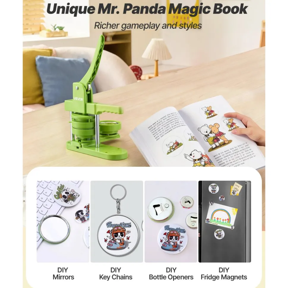 VEVOR Button Maker Machine, 2.95 in, Plastic Pin Maker with 100pcs Button Parts, Mr. Panda Magic Book, Circle Cutter and Hex Wrenches, Reinforced Ergonomic Handle, for DIY Badges, Personalized Pins