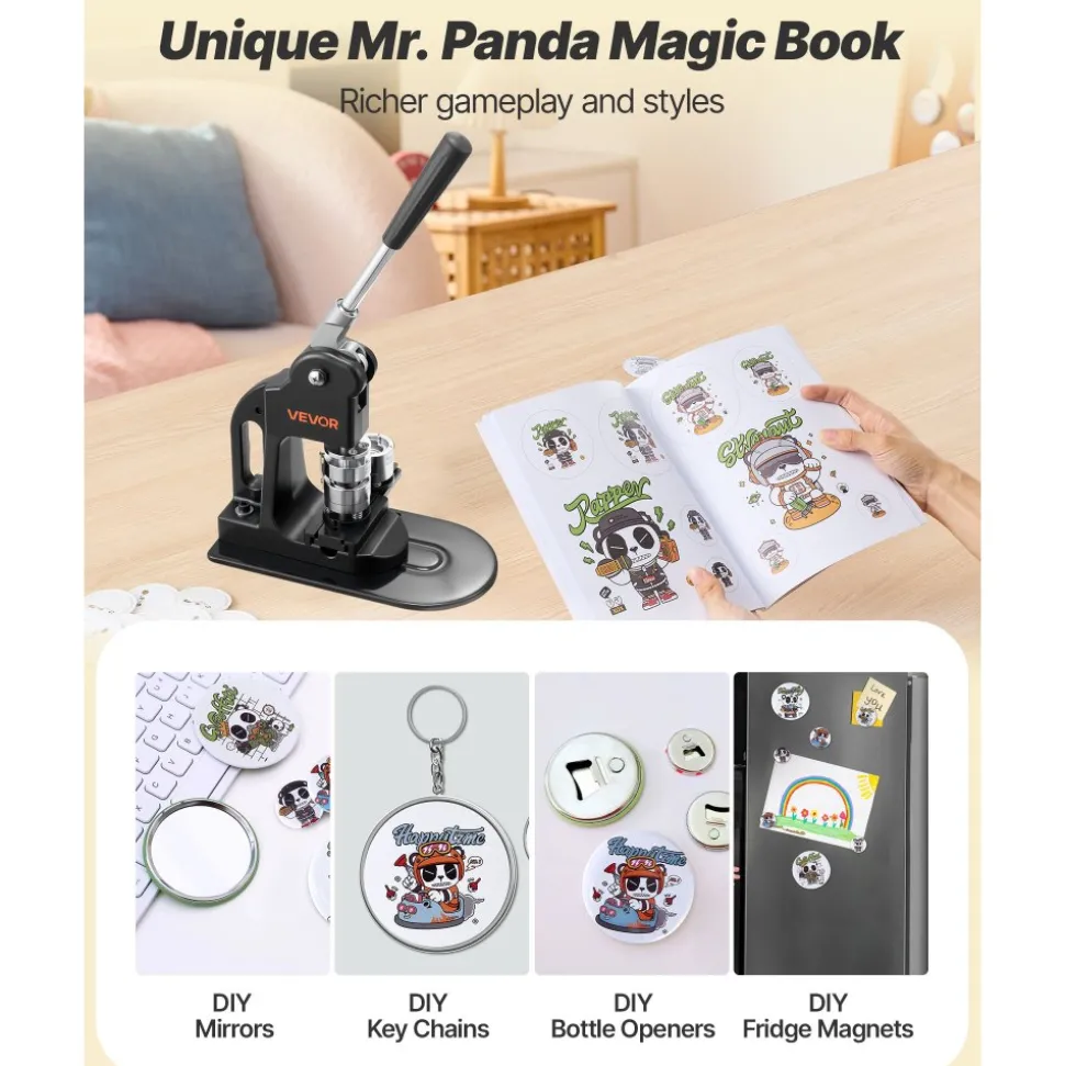 VEVOR Button Maker Machine, 1 in, Pin Maker Machine with 500pcs Button Parts, Circle Cutter, Hex Wrenches and Magic Book, Ergonomic Handle, for DIY Badges, Personalized Pins and Key Chains, Black