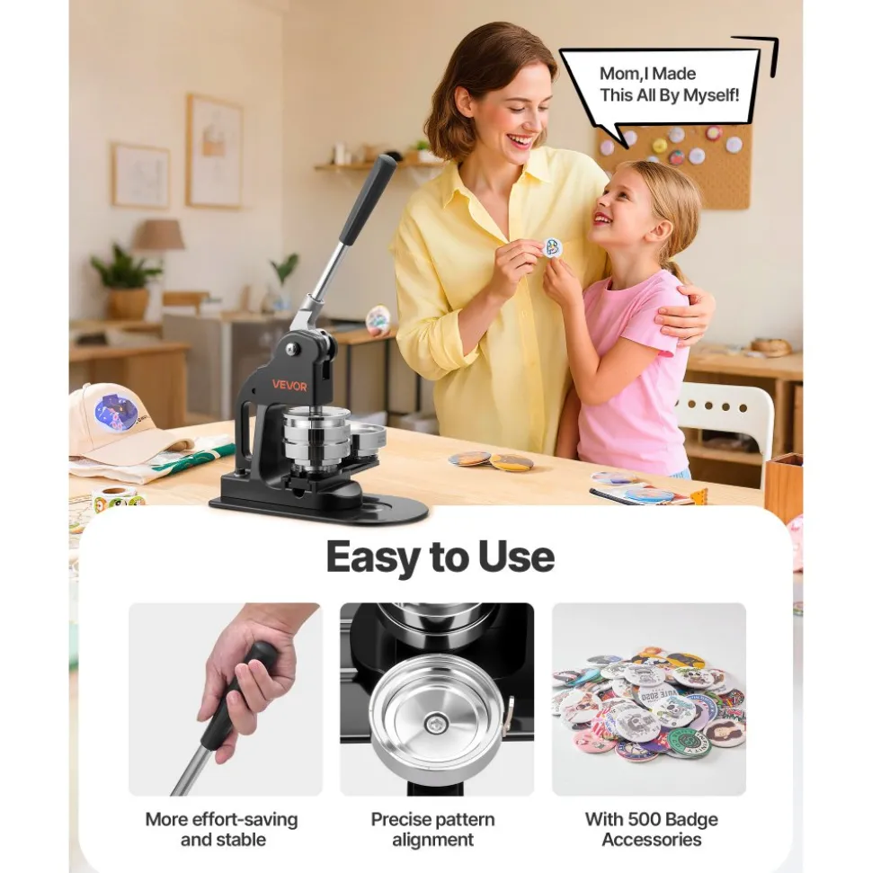 VEVOR Button Maker Machine, 3 in, Pin Maker Machine with 500pcs Button Parts, Circle Cutter, Hex Wrenches and Magic Book, Ergonomic Handle, for DIY Badges, Personalized Pins and Key Chains, Black